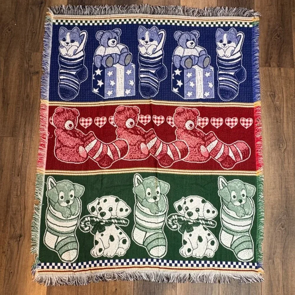 American Weavers Throw Blanket‎ Tapestry Puppy Teddy Stockings USA Holiday VTG